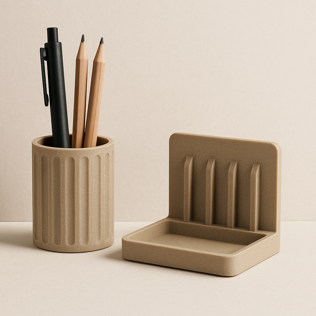 Collezione Organizer da scrivania EQUA – oggetti modulari in stampa 3D, prossimamente disponibili.