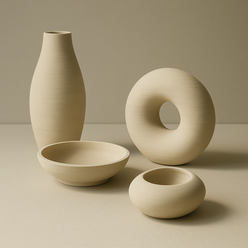 Oggetti Home Decor stampati in 3D in PETG beige, design naturale e texture artigianale - EQUA Design