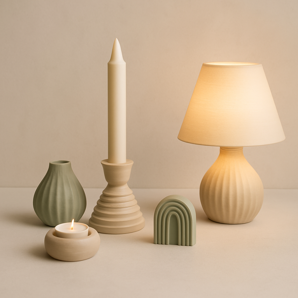 Decorazioni e luci in PETG beige e salvia, design organico stampato in 3D - EQUA Design