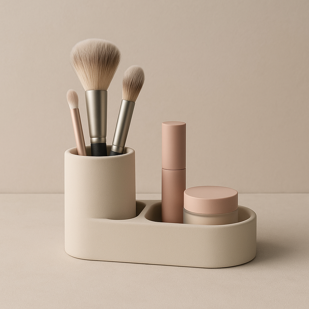 Portatrucchi minimal e sostenibili stampati in 3D in PETG. Design artigianale per organizzare il tuo spazio beauty con equilibrio e stile.